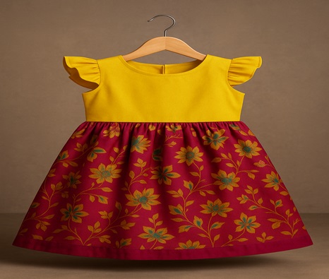 a kids dress with yellow on top and red color on bottom hanged in a hanger